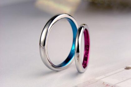 内側ブルー・ピンクの鮮やかな手作り結婚指輪